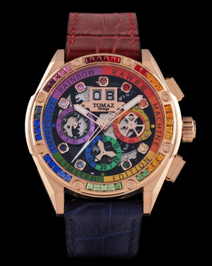 
                  
                    Load image into Gallery viewer, RAWR III TW024I-D1 (Rosegold) with Rainbow Swarovski (Blue/Red Bamboo Leather Strap)
                  
                