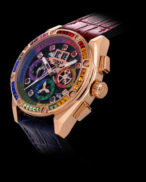 
                  
                    Load image into Gallery viewer, RAWR III TW024I-D1 (Rosegold) with Rainbow Swarovski (Blue/Red Bamboo Leather Strap)
                  
                