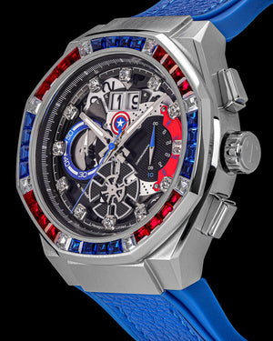 
                  
                    Load image into Gallery viewer, Marvel Captain America TQ023J-D1 (Silver) with Blue Red Crystal (Blue Leather with Silicone Strap)
                  
                