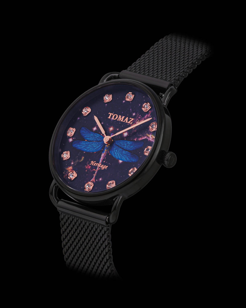 
                  
                    Load image into Gallery viewer, Tomaz Ladies Watch G1LE-D15 Dragonfly (Black/Blue/Purple) Black Mesh Strap
                  
                