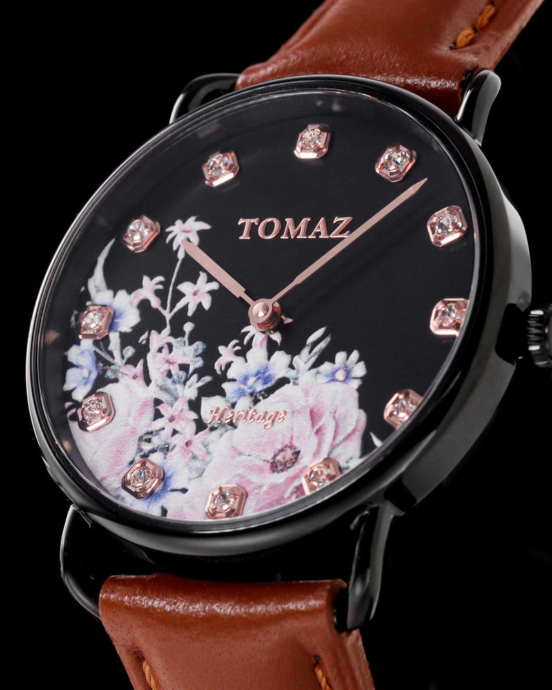 Tomaz Ladies Watch G1LE D9 Flower Black Brown Leather Strap