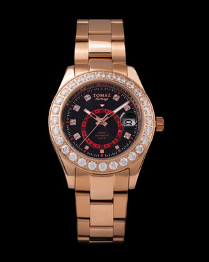 
                  
                    Load image into Gallery viewer, Tomaz Ladies Watch G4L-D7S (Rosegold/Black/Red) with White Swarovski (Rosegold Stainless Steel)
                  
                