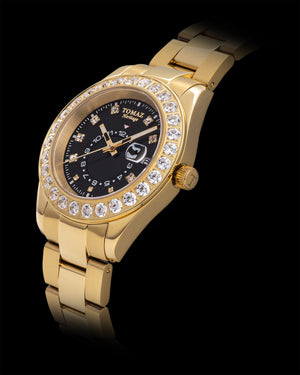 
                  
                    Load image into Gallery viewer, Tomaz Ladies Watch G4L-D1S (Gold/Black) with White Double Swarovski (Gold Stainless Steel)
                  
                