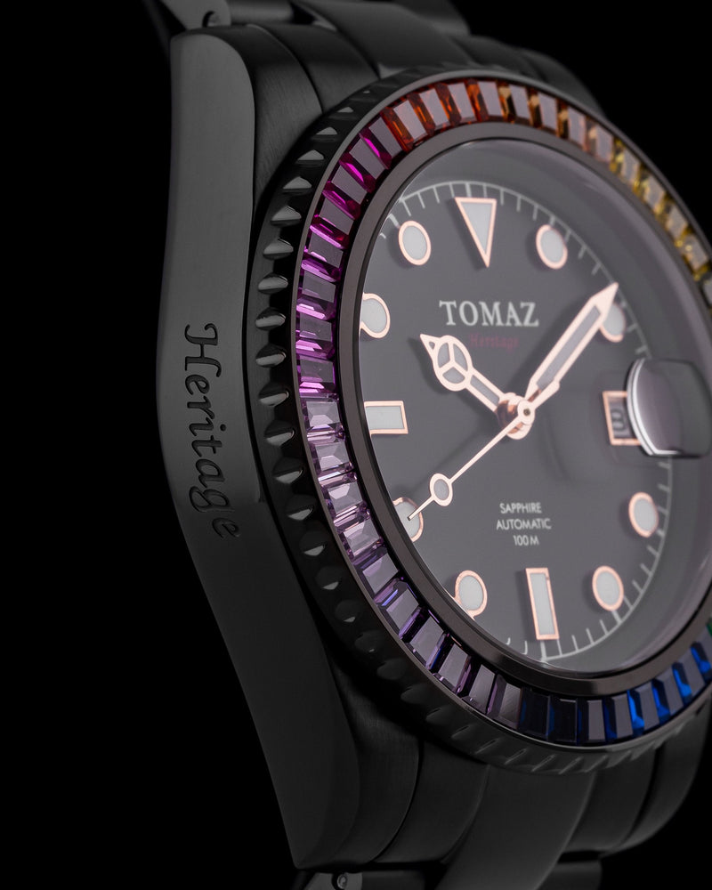 
                  
                    Load image into Gallery viewer, Tomaz Men&amp;#39;s Watch GR01BS-D10 (Black) with Rainbow Swarovski (Black Stainless Steel)
                  
                