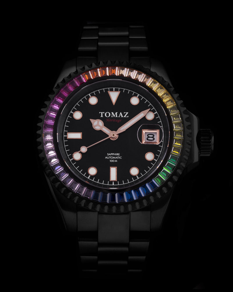 
                  
                    Load image into Gallery viewer, Tomaz Men&amp;#39;s Watch GR01BS-D10 (Black) with Rainbow Swarovski (Black Stainless Steel)
                  
                