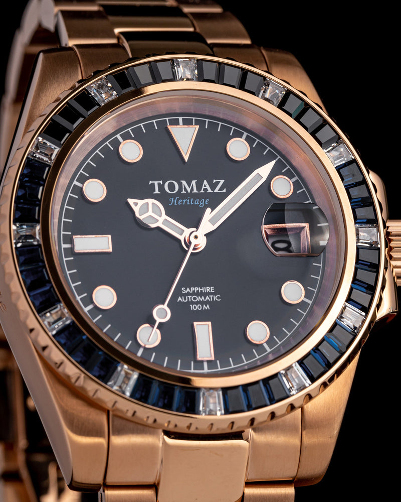 
                  
                    Load image into Gallery viewer, Tomaz Men&amp;#39;s Watch GR01BS-D11 (Rosegold) with Black Blue White Swarovski (Rosegold Stainless Steel)
                  
                