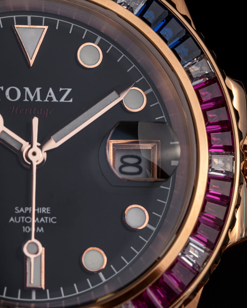 
                  
                    Load image into Gallery viewer, Tomaz Men&amp;#39;s Watch GR01BS-D12 (Rosegold) with Purple Blue White Swarovski (Rosegold Stainless Steel)
                  
                