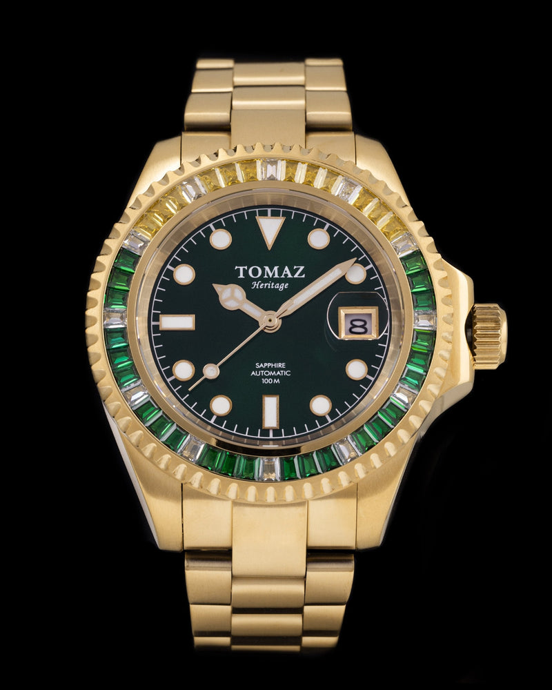 
                  
                    Load image into Gallery viewer, Tomaz Men&amp;#39;s Watch GR01BS-D7 (Gold/Green) with Green Yellow White Swarovski (Gold Stainless Steel)
                  
                