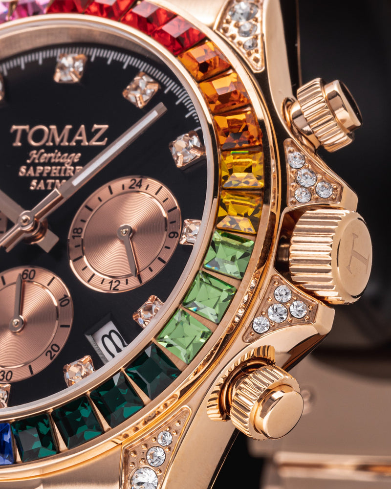 
                  
                    Load image into Gallery viewer, Tomaz Men&amp;#39;s Watch GR02M-D1 (Rosegold/Black) with Rainbow Swarovski (Rosegold Stainless Steel)
                  
                