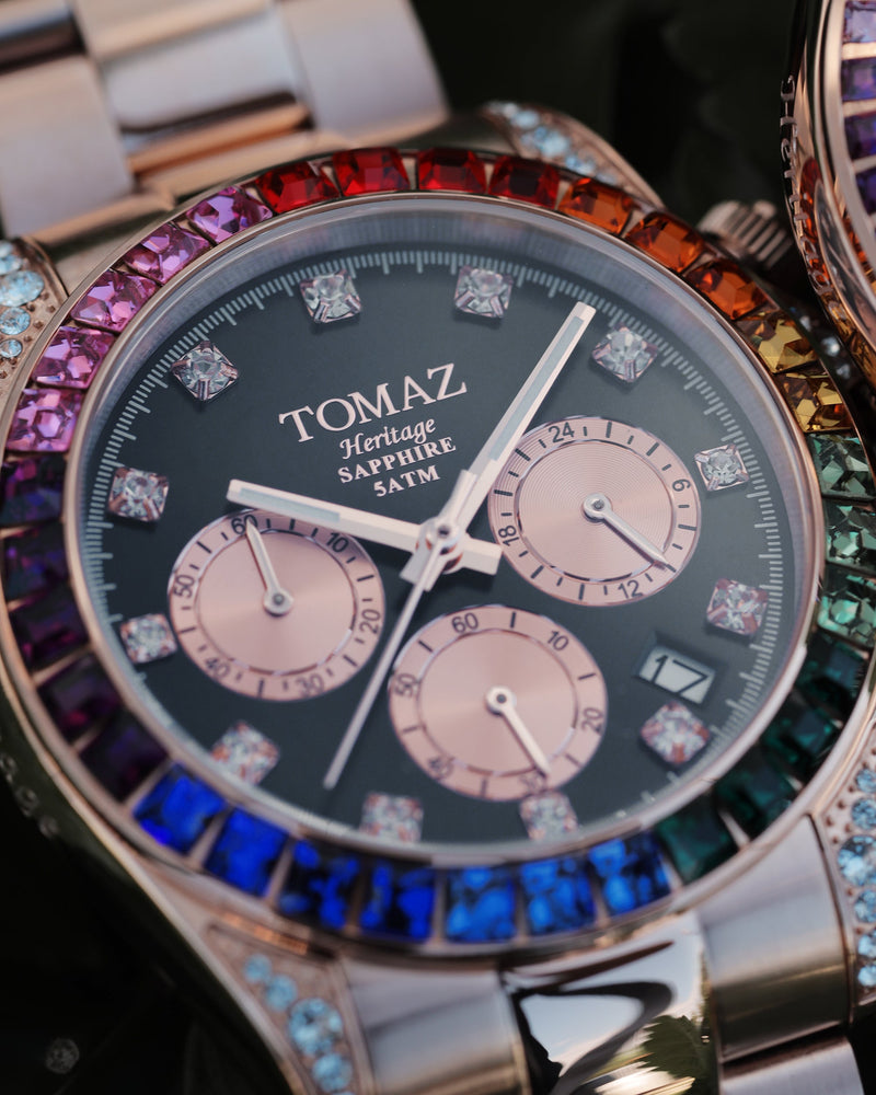 
                  
                    Load image into Gallery viewer, Tomaz Men&amp;#39;s Watch GR02M-D1 (Rosegold/Black) with Rainbow Swarovski (Rosegold Stainless Steel)
                  
                