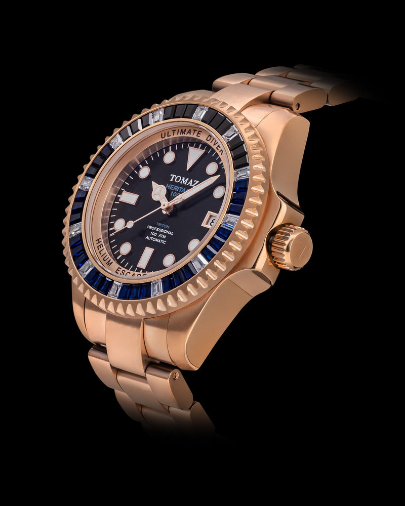 
                  
                    Load image into Gallery viewer, Ultimate Diver GR06-D11 (Rosegold/Black) with Black White Blue Swarovski (Rosegold Stainless Steel)
                  
                