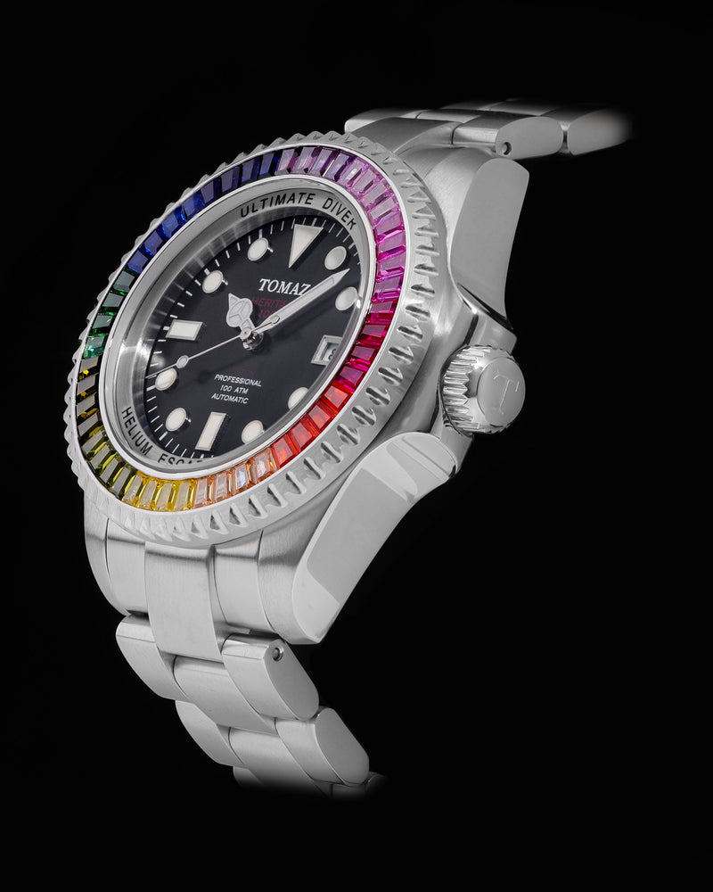 
                  
                    Load image into Gallery viewer, Ultimate Diver GR06-D4 (Silver/Black) with Rainbow Swarovski (Silver Stainless Steel)
                  
                