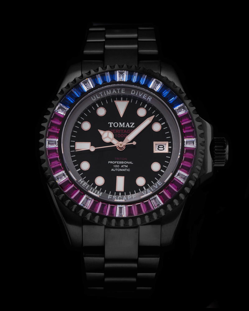 Ultimate Diver GR06-D9 (Black) with Purple Blue White Swarovski (Black Stainless Steel)