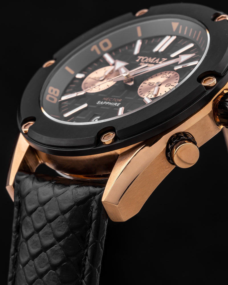 
                  
                    Load image into Gallery viewer, Hector GR04B-D3 (Rosegold/Black Bezel) Black Leather Strap
                  
                