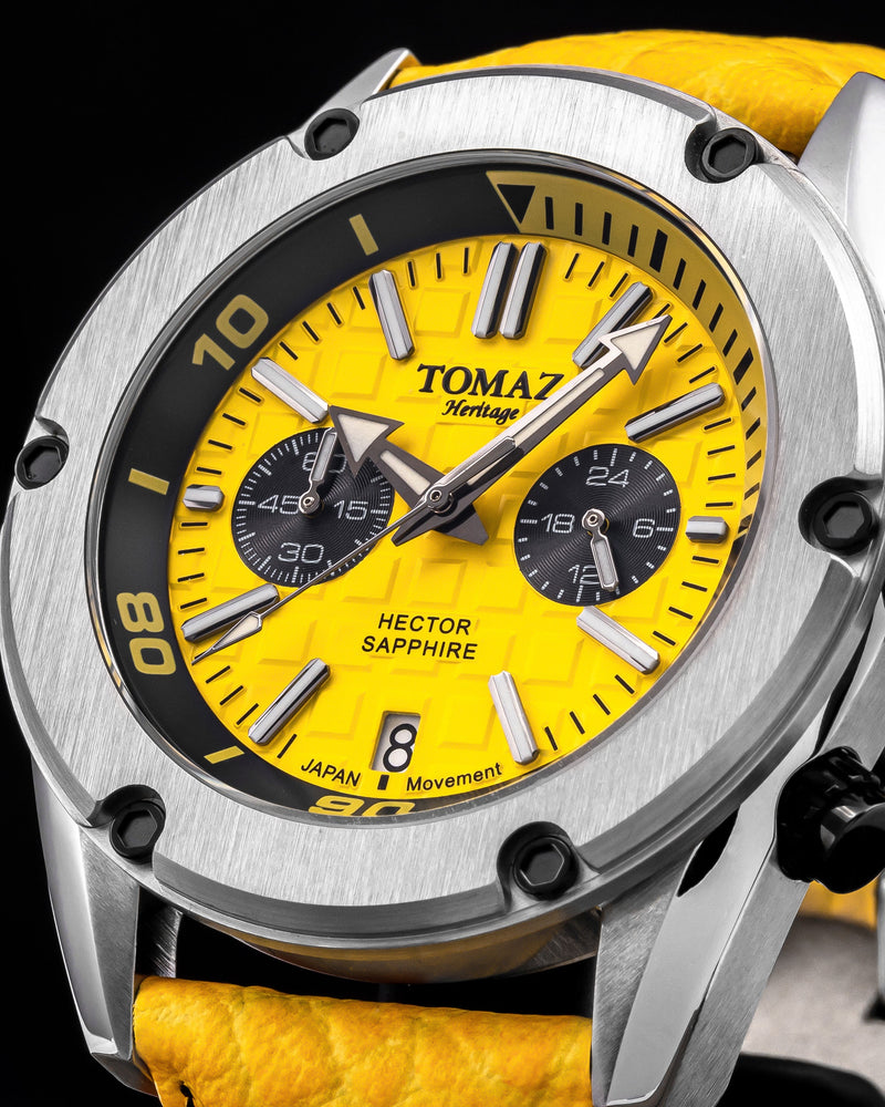 
                  
                    Load image into Gallery viewer, Hector GR04B-D2 (Silver/Yellow) Yellow Leather Strap
                  
                