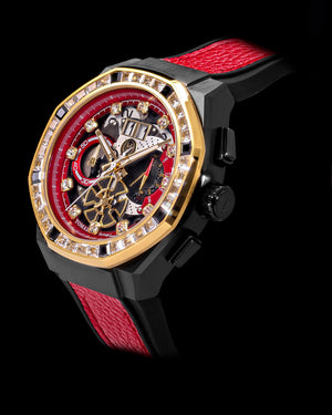 
                  
                    Load image into Gallery viewer, Marvel Iron Man TQ023C-D1 (Black/Gold) with White Crystal (Red Leather with Silicone Strap)
                  
                