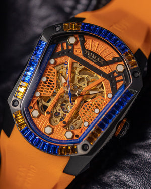 
                  
                    Load image into Gallery viewer, GT Skeleton TW028-D15 (Black/Orange) with Orange Blue Swarovski (Orange Rubber Strap)
                  
                