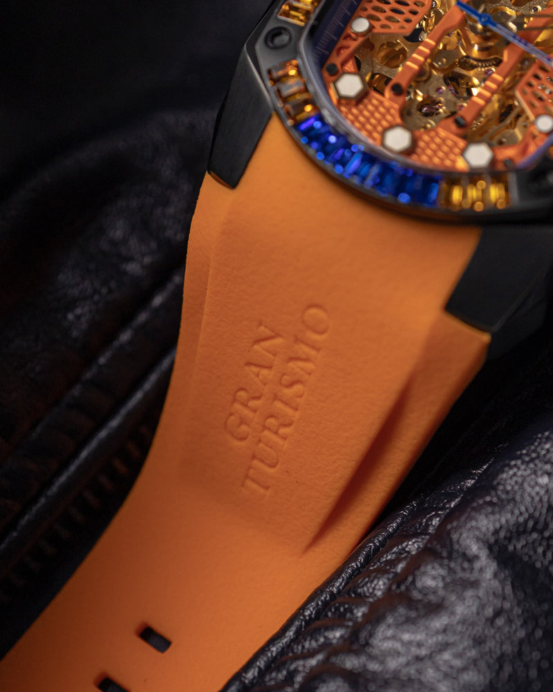 
                  
                    Load image into Gallery viewer, GT Skeleton TW028-D15 (Black/Orange) with Orange Blue Swarovski (Orange Rubber Strap)
                  
                