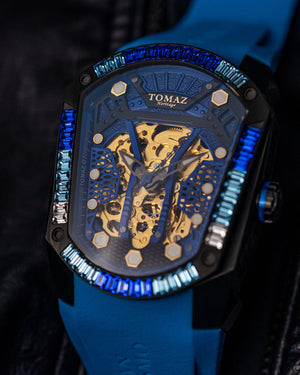 
                  
                    Load image into Gallery viewer, GT Skeleton TW028-D17 (Black/Blue) with Blue Swarovski (Blue Rubber Strap)
                  
                