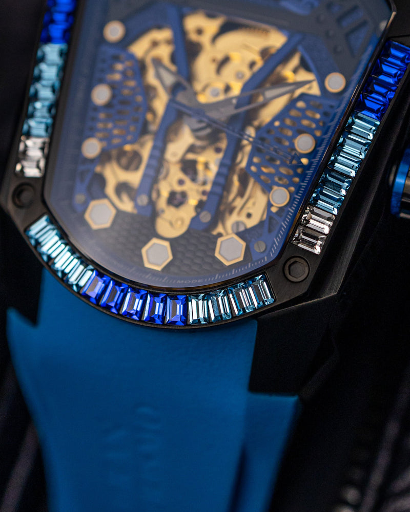 
                  
                    Load image into Gallery viewer, GT Skeleton TW028-D17 (Black/Blue) with Blue Swarovski (Blue Rubber Strap)
                  
                