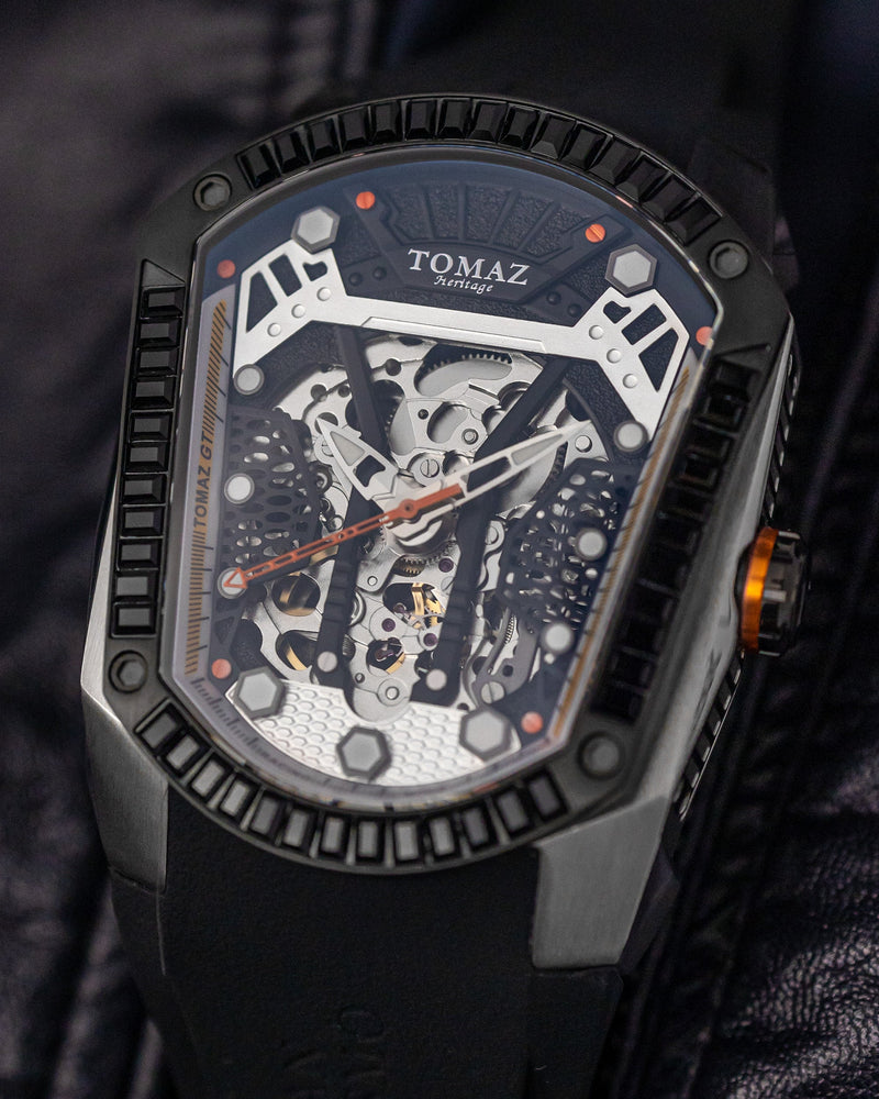 GT Skeleton TW028-D3 (Silver/Black) with Black Swarovski (Black Rubber Strap)