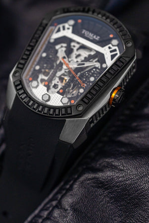 
                  
                    Load image into Gallery viewer, GT Skeleton TW028-D3 (Silver/Black) with Black Swarovski (Black Rubber Strap)
                  
                