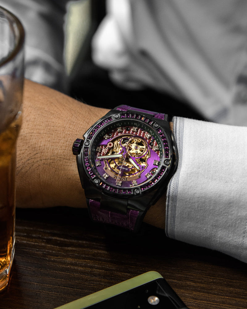 
                  
                    Load image into Gallery viewer, Xavier XL TW033-D2 (Black/Purple) with Purple Swarovski (Purple Bamboo Leather Strap)
                  
                