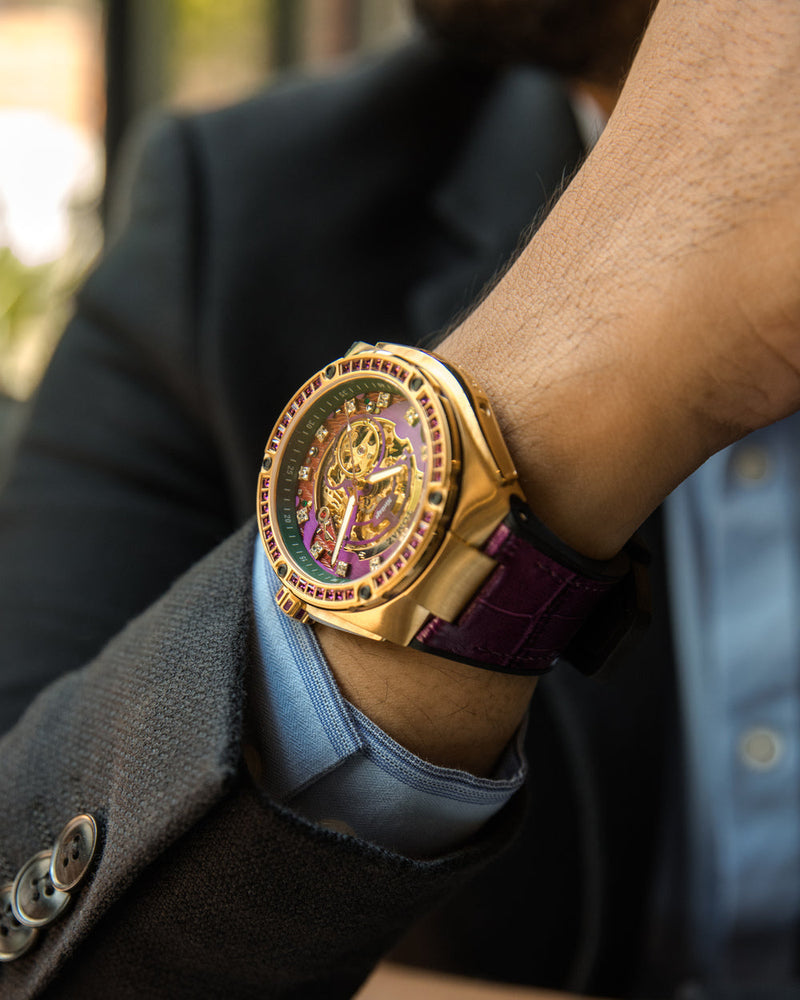 
                  
                    Load image into Gallery viewer, Xavier XL TW033-D6 (Gold/Purple) with Purple Swarovski (Purple Bamboo Leather  Strap)
                  
                