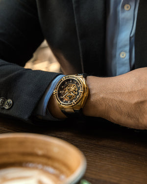 
                  
                    Load image into Gallery viewer, Xavier XL TW033-D11 (Gold/Black) with Black Swarovski (Black Leather Strap)
                  
                