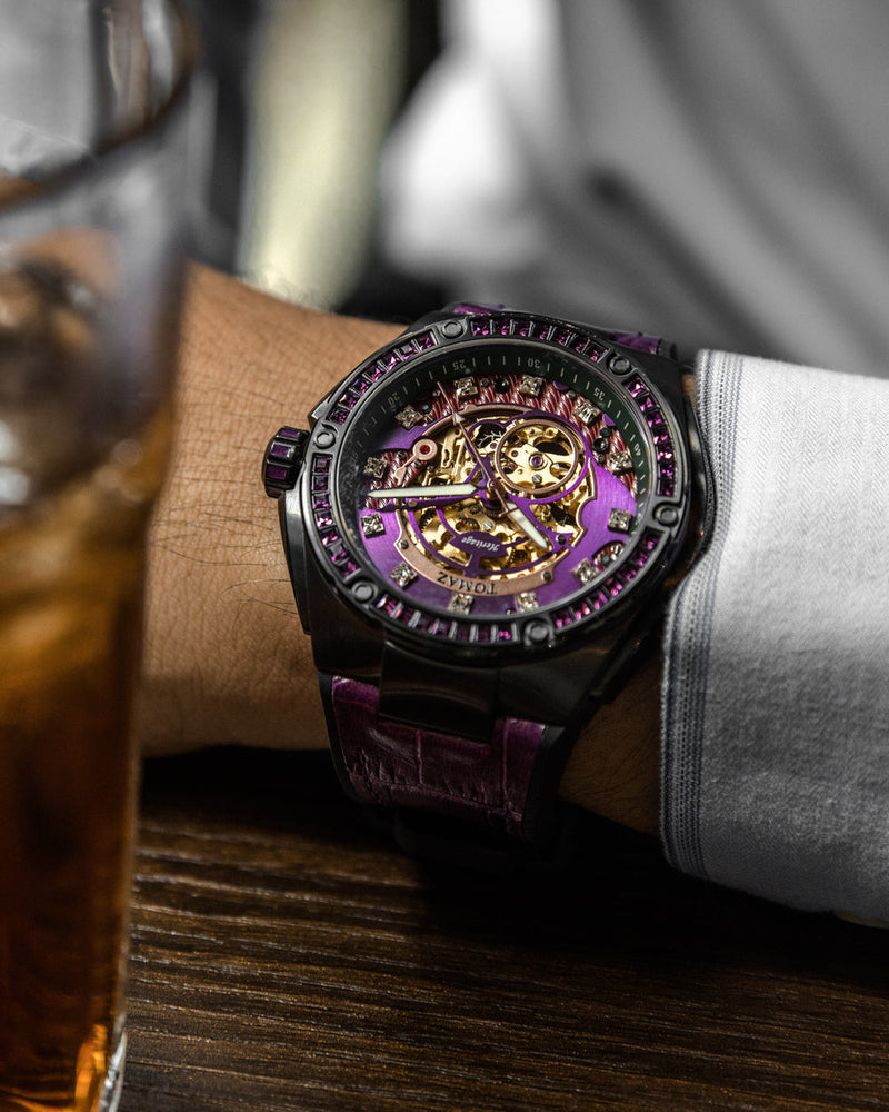
                  
                    Load image into Gallery viewer, Xavier XL TW033-D2 (Black/Purple) with Purple Swarovski (Purple Bamboo Leather Strap)
                  
                