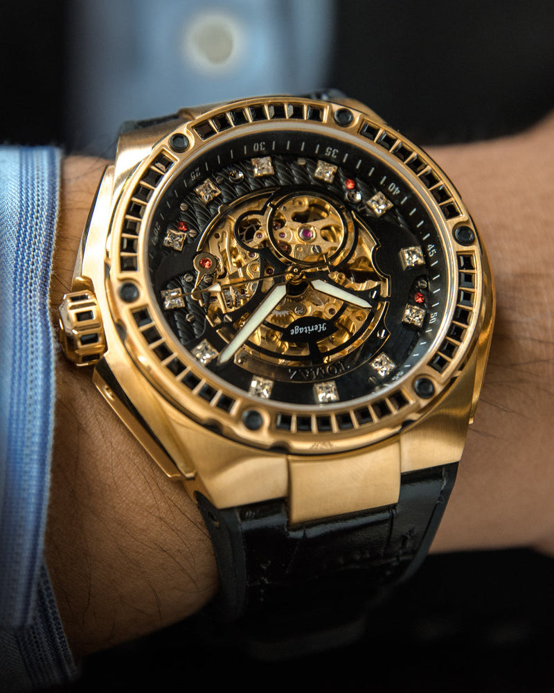 
                  
                    Load image into Gallery viewer, Xavier XL TW033-D11 (Gold/Black) with Black Swarovski (Black Leather Strap)
                  
                