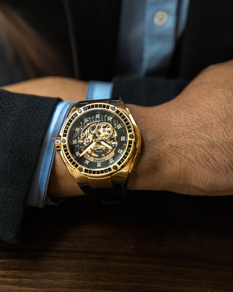 
                  
                    Load image into Gallery viewer, Xavier XL TW033-D11 (Gold/Black) with Black Swarovski (Black Leather Strap)
                  
                