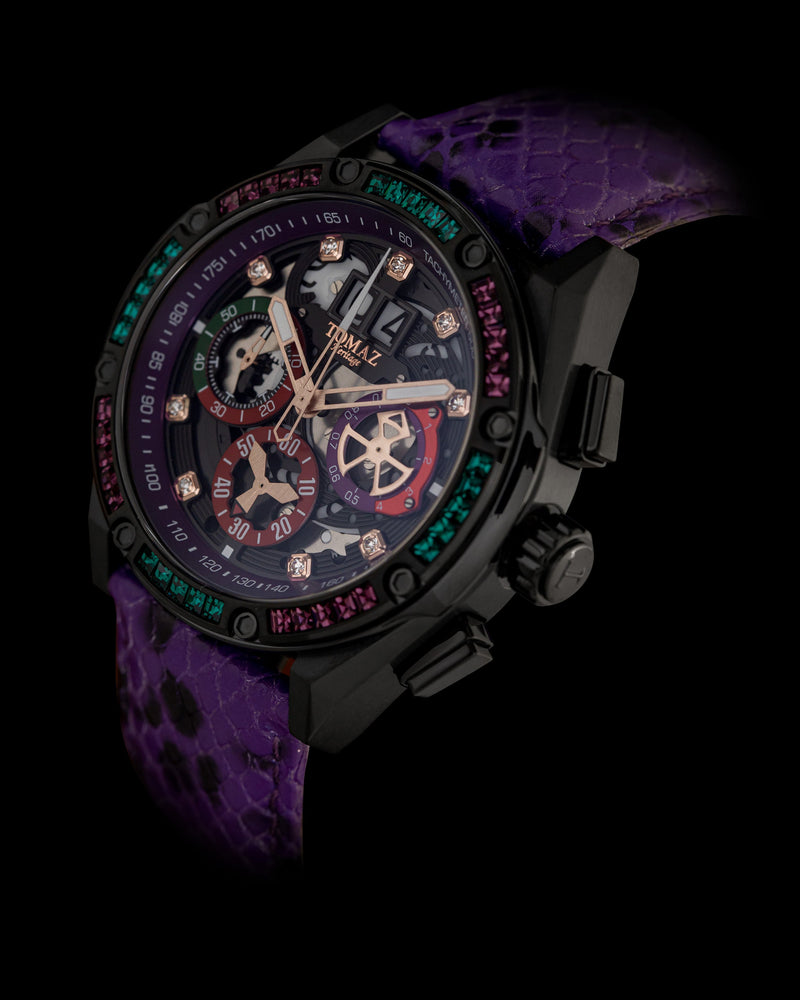 
                  
                    Load image into Gallery viewer, RAWR III TW024E-D2 (Black/Purple) with Purple Green Swarovski (Purple Snake Leather Strap)
                  
                