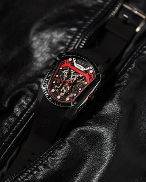 
                  
                    Load image into Gallery viewer, GT Skeleton TW028-D1 (Black/Red) with Black Swarovski (Black Rubber Strap)
                  
                