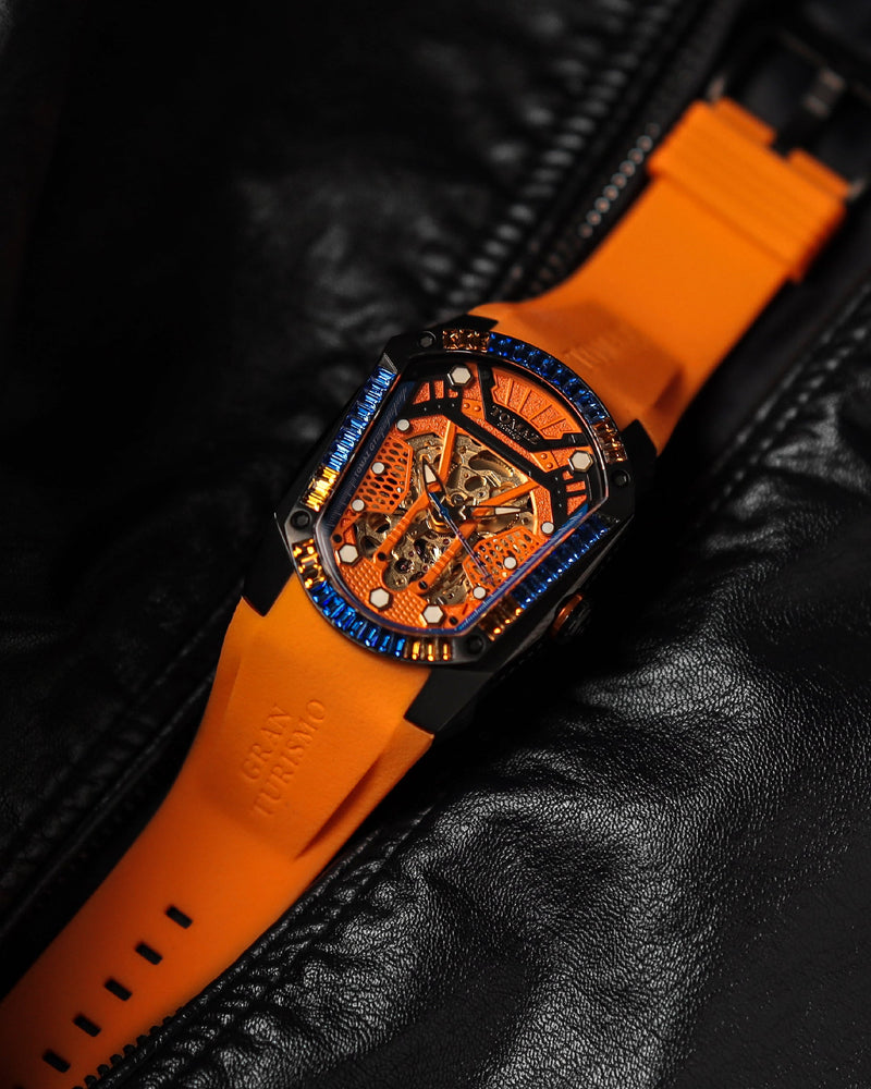 
                  
                    Load image into Gallery viewer, GT Skeleton TW028-D15 (Black/Orange) with Orange Blue Swarovski (Orange Rubber Strap)
                  
                