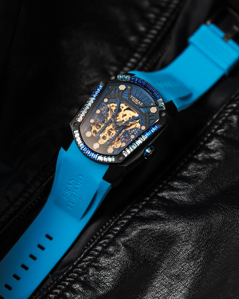 
                  
                    Load image into Gallery viewer, GT Skeleton TW028-D17 (Black/Blue) with Blue Swarovski (Blue Rubber Strap)
                  
                