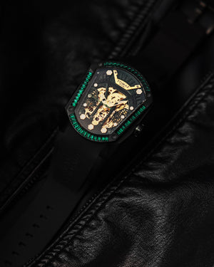 
                  
                    Load image into Gallery viewer, GT Skeleton TW028-D26 (Black) with Green Swarovski (Black Rubber Strap)
                  
                