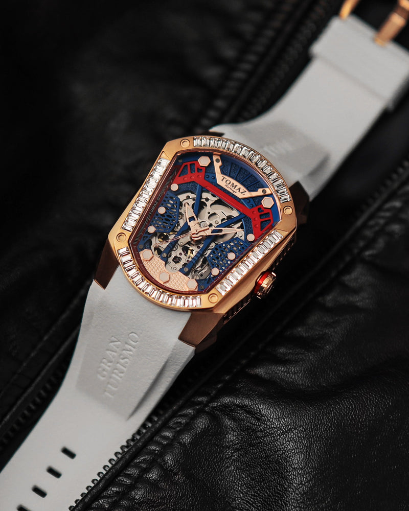 
                  
                    Load image into Gallery viewer, GT Skeleton TW028-D10 (Rosegold/Blue) with White Swarovski (White Rubber Strap)
                  
                