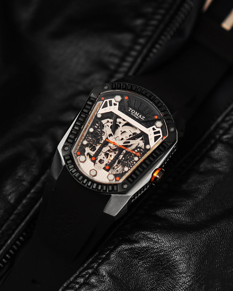 
                  
                    Load image into Gallery viewer, GT Skeleton TW028-D3 (Silver/Black) with Black Swarovski (Black Rubber Strap)
                  
                