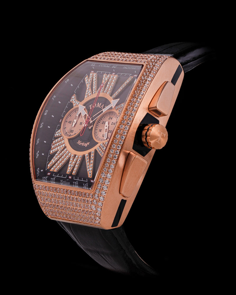 Tomaz Men's Watch TQ012A-D6 (Rosegold/Gold) with Gold Swarovski (Black Bamboo Leather Strap)
