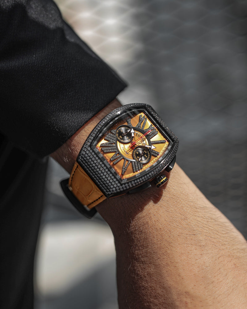 
                  
                    Load image into Gallery viewer, Tomaz Men&amp;#39;s Watch TQ012A-D10 (Black/Yellow) with Swarovski ( Yellow Bamboo Leather Strap)
                  
                