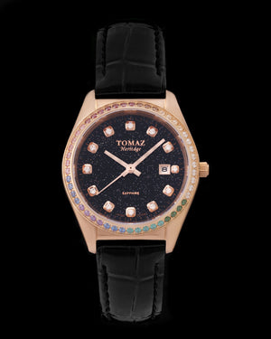 
                  
                    Load image into Gallery viewer, Tomaz Ladies Watch TQ017L-D10 Stardust (Rose Gold/Black) with Rainbow Swarovski (Black Bamboo Leather Strap)
                  
                