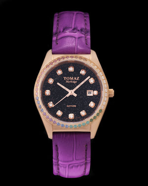 
                  
                    Load image into Gallery viewer, Tomaz Ladies Watch TQ017L-D13 Stardust (Rose Gold/Black) with Rainbow Swarovski (Purple Bamboo Leather Strap)
                  
                