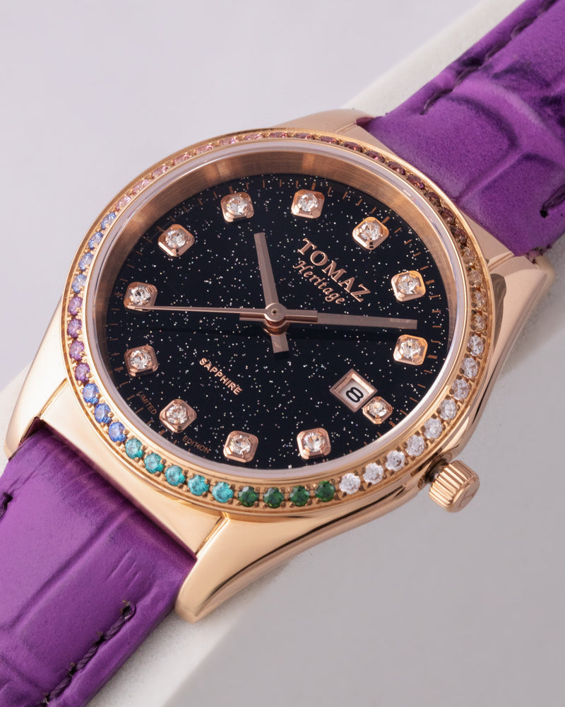 
                  
                    Load image into Gallery viewer, Tomaz Ladies Watch TQ017L-D13 Stardust (Rose Gold/Black) with Rainbow Swarovski (Purple Bamboo Leather Strap)
                  
                