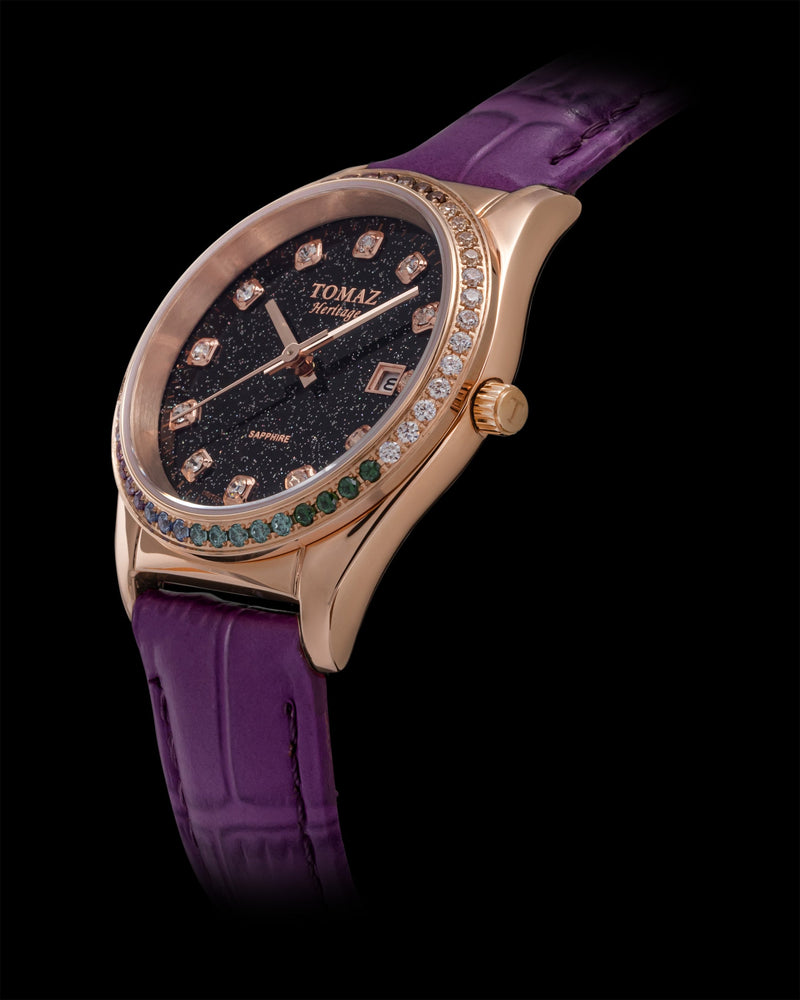 
                  
                    Load image into Gallery viewer, Tomaz Ladies Watch TQ017L-D13 Stardust (Rose Gold/Black) with Rainbow Swarovski (Purple Bamboo Leather Strap)
                  
                