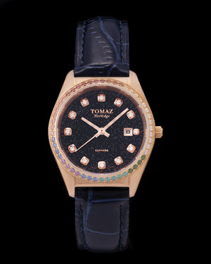 
                  
                    Load image into Gallery viewer, Tomaz Ladies Watch TQ017L-D15 Stardust (Rose Gold/Black) with Rainbow Swarovski (Navy Bamboo Leather Strap)
                  
                