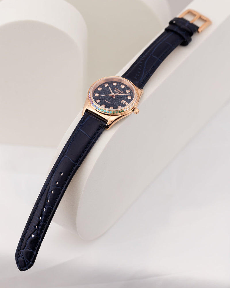 
                  
                    Load image into Gallery viewer, Tomaz Ladies Watch TQ017L-D15 Stardust (Rose Gold/Black) with Rainbow Swarovski (Navy Bamboo Leather Strap)
                  
                