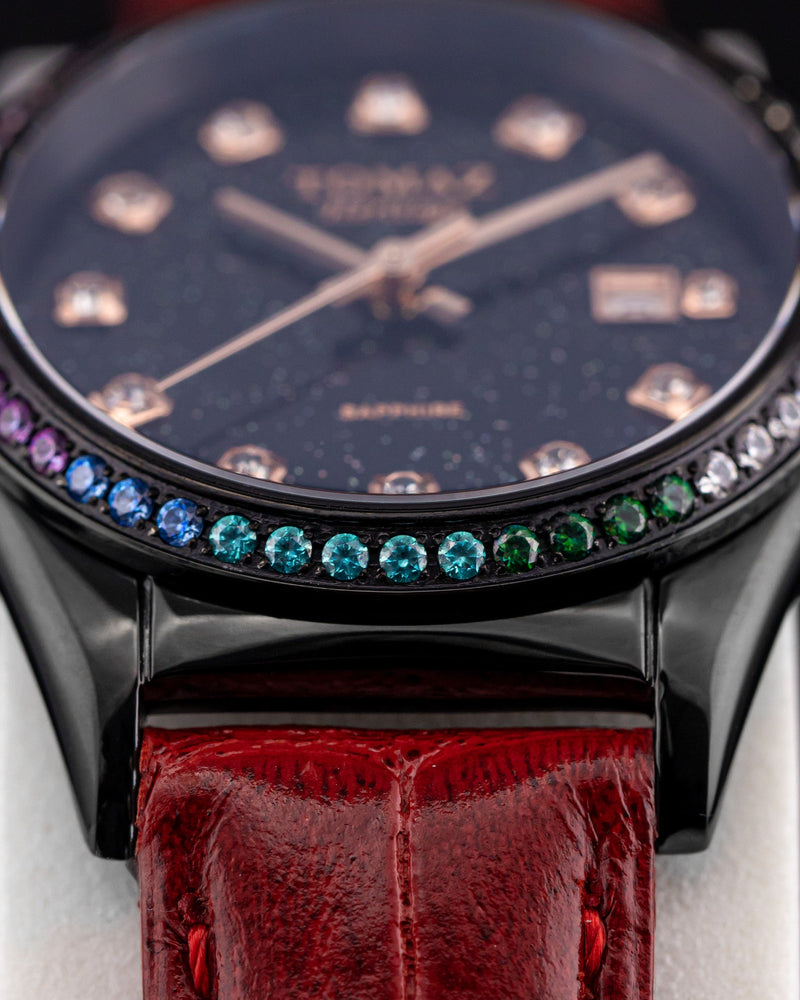 
                  
                    Load image into Gallery viewer, Tomaz Ladies Watch TQ017L-D16 Stardust (Black) with Rainbow Swarovski (Red Bamboo Leather Strap)
                  
                
