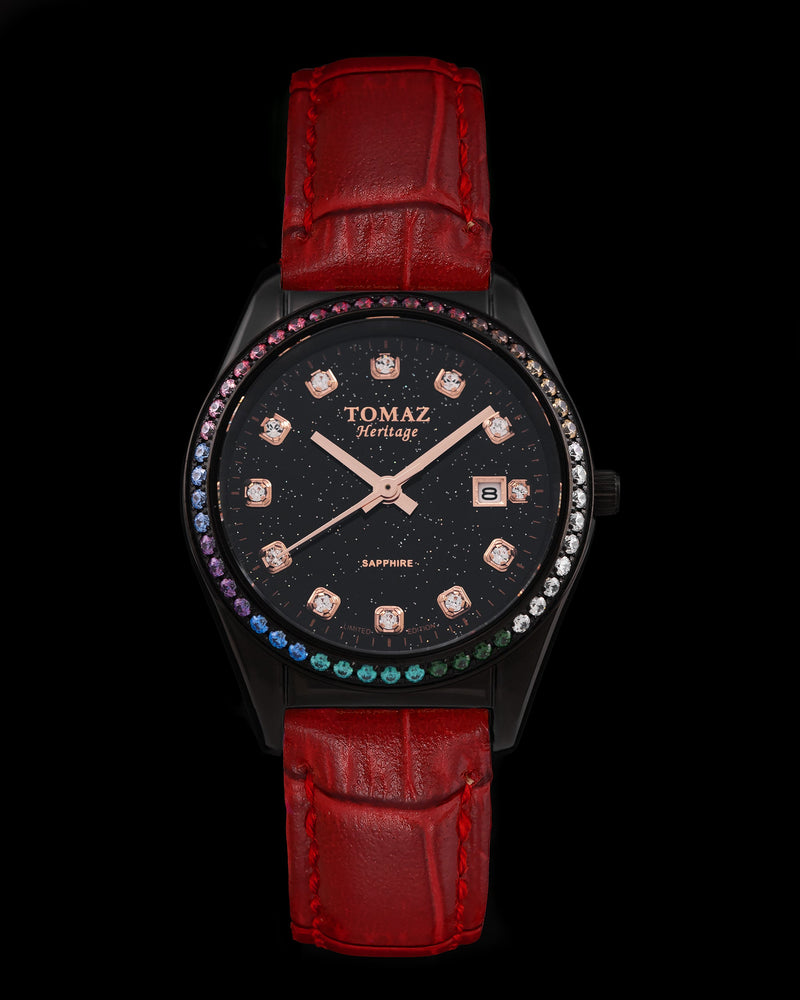 Tomaz Ladies Watch TQ017L-D16 Stardust (Black) with Rainbow Swarovski (Red Bamboo Leather Strap)