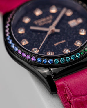 
                  
                    Load image into Gallery viewer, Tomaz Ladies Watch TQ017L-D17 Stardust (Black) with Rainbow Swarovski (Pink Bamboo Leather Strap)
                  
                
